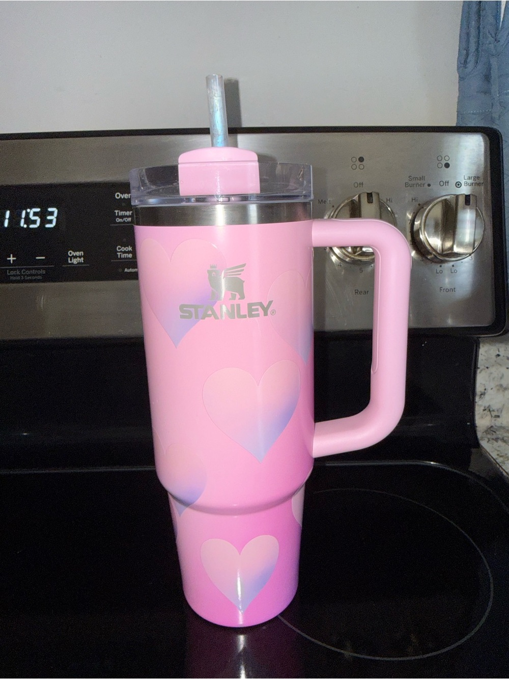 Stanley Pink Tumbler with Iridescent Heart Design and Handle